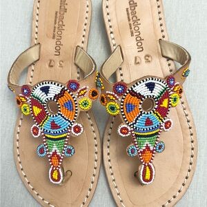LAIDBACK LONDON Simba Tribal Flat Boho Beaded Aztec Leather Thong Sandals Size 6